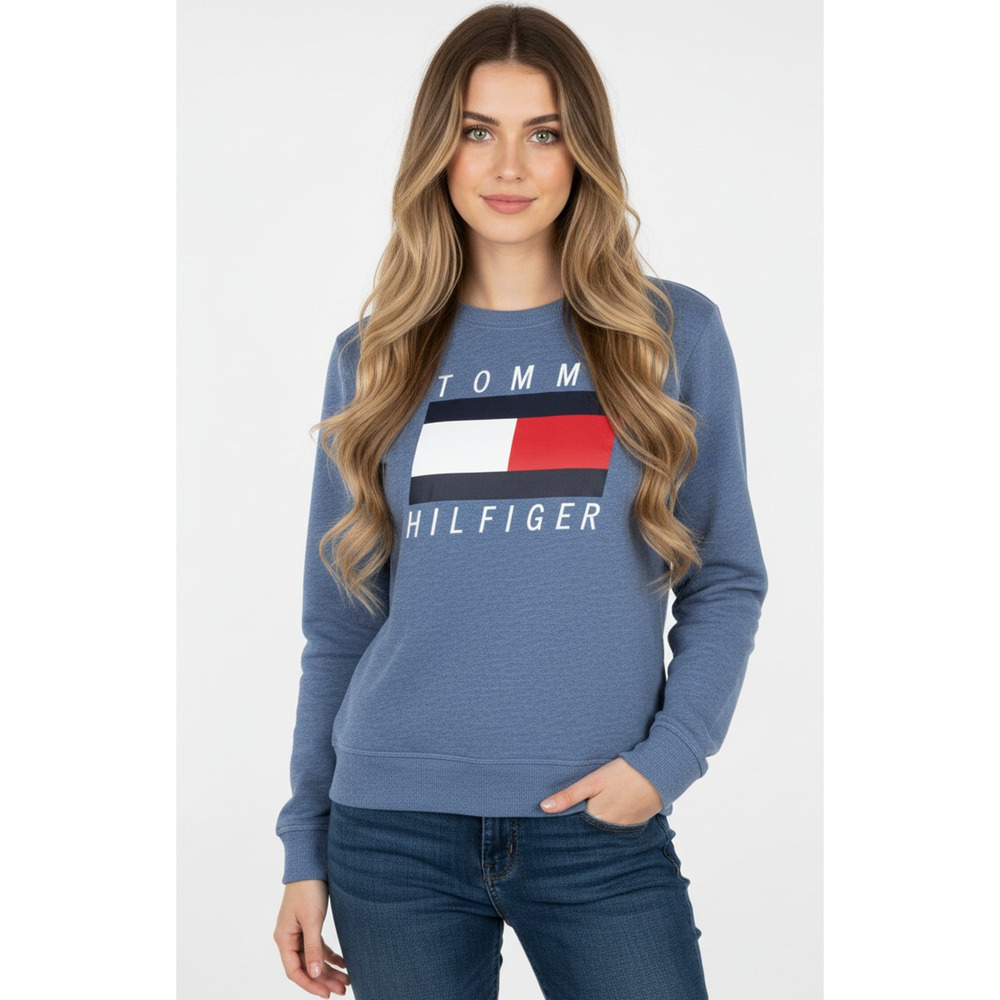 Tommy Hilfiger Sport Sweatshirt Womens XL Blue Logo Fleece Pullover Crewneck
